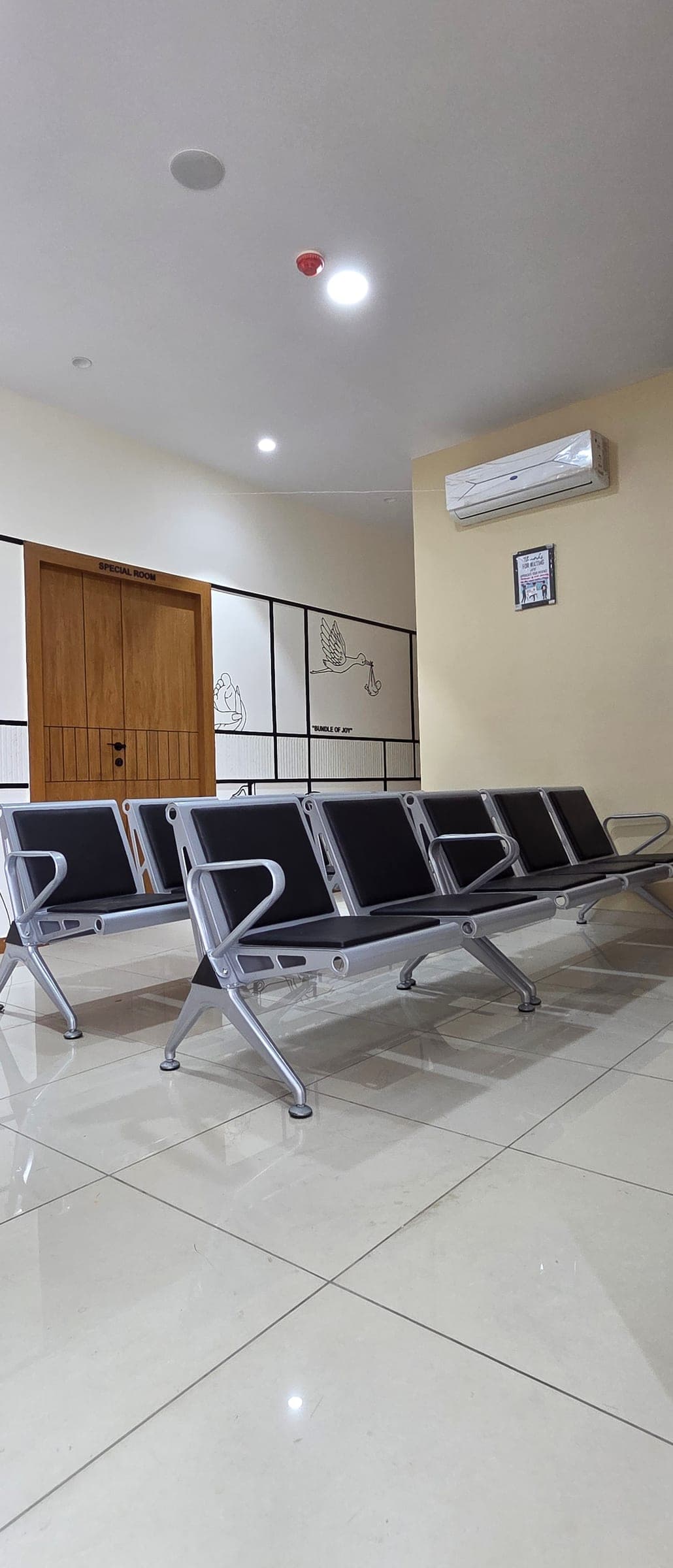 Seating in the patient waiting area outside the special rooms at Krisha Women's Hospital