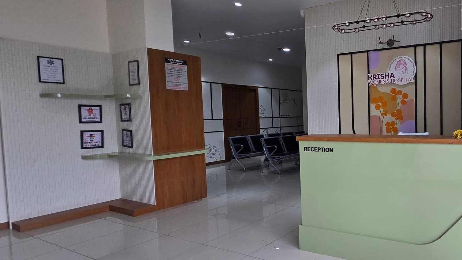 Reception desk and patient waiting lounge at Krisha Women's Hospital, Narol