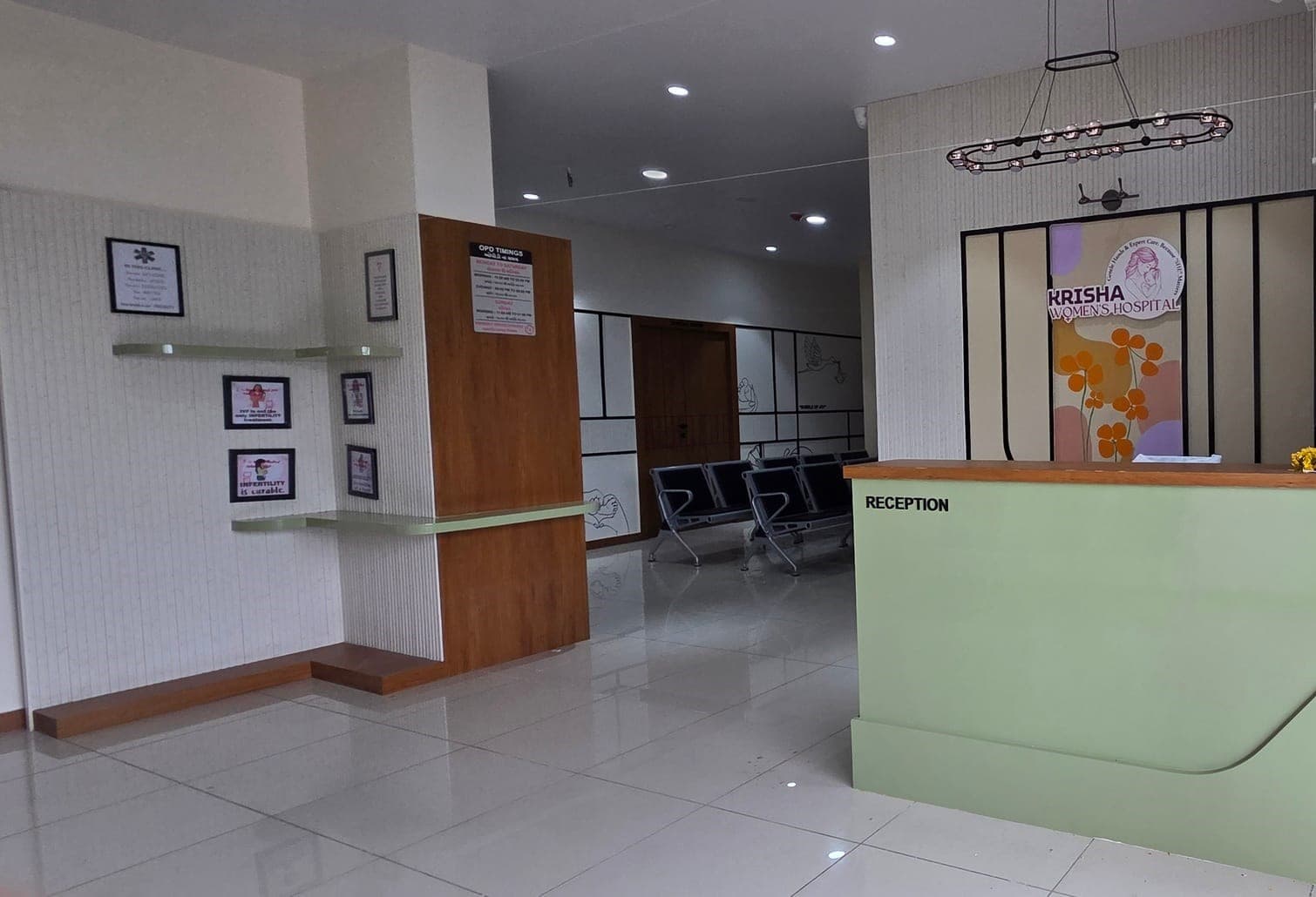 Reception desk and patient waiting lounge at Krisha Women's Hospital, Narol